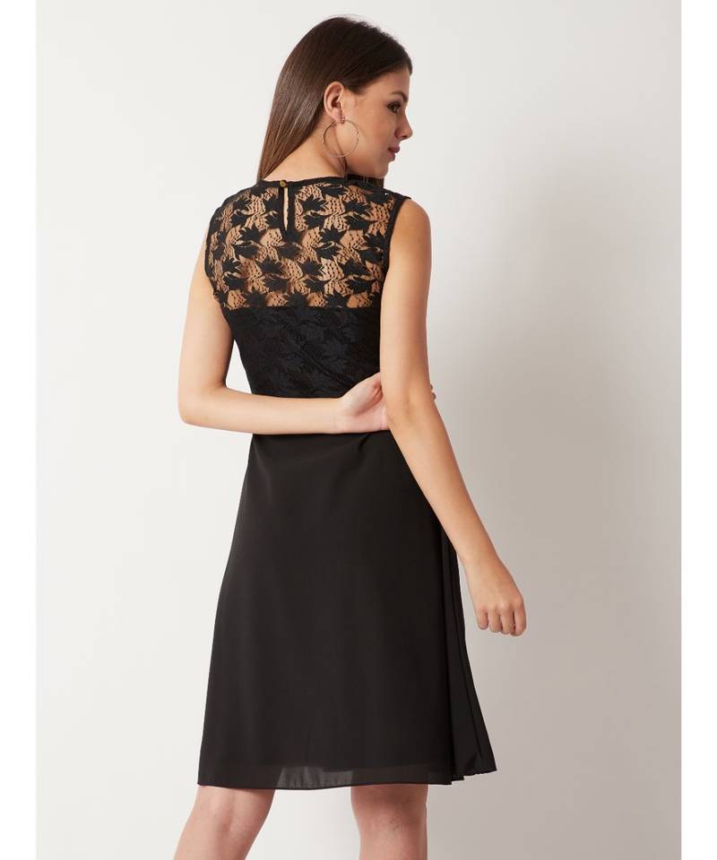 Women's Black Round Neck Sleeveless Solid Paneled Lace And Pearl Detailing Knee Length Skater Dress