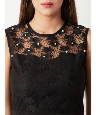 Women's Black Round Neck Sleeveless Solid Paneled Lace And Pearl Detailing Knee Length Skater Dress 5