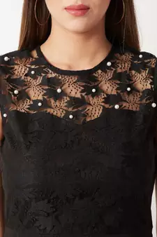 Women's Black Round Neck Sleeveless Solid Paneled Lace And Pearl Detailing Knee Length Skater Dress
