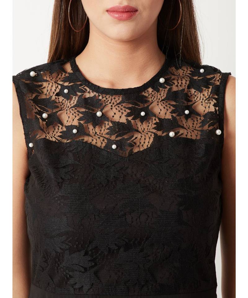 Women's Black Round Neck Sleeveless Solid Paneled Lace And Pearl Detailing Knee Length Skater Dress