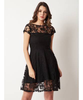 Women's Black Round Neck Cap Sleeve Lace Solid Embellished Mini Skater Dress 1
