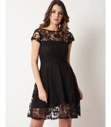 Women's Black Round Neck Cap Sleeve Lace Solid Embellished Mini Skater Dress