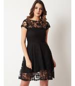 Women's Black Round Neck Cap Sleeve Lace Solid Embellished Mini Skater Dress