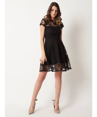 Women's Black Round Neck Cap Sleeve Lace Solid Embellished Mini Skater Dress 2