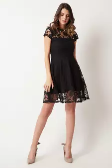 Women's Black Round Neck Cap Sleeve Lace Solid Embellished Mini Skater Dress