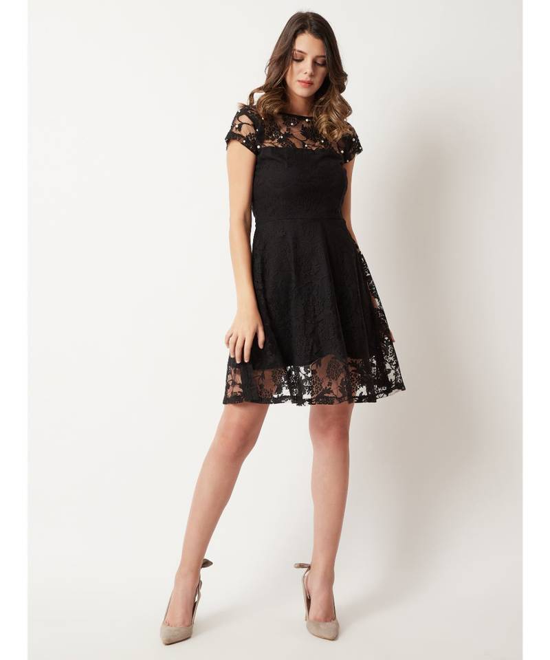 Women's Black Round Neck Cap Sleeve Lace Solid Embellished Mini Skater Dress