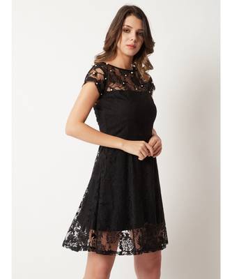Women's Black Round Neck Cap Sleeve Lace Solid Embellished Mini Skater Dress 3