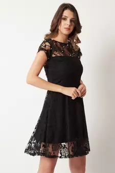 Women's Black Round Neck Cap Sleeve Lace Solid Embellished Mini Skater Dress