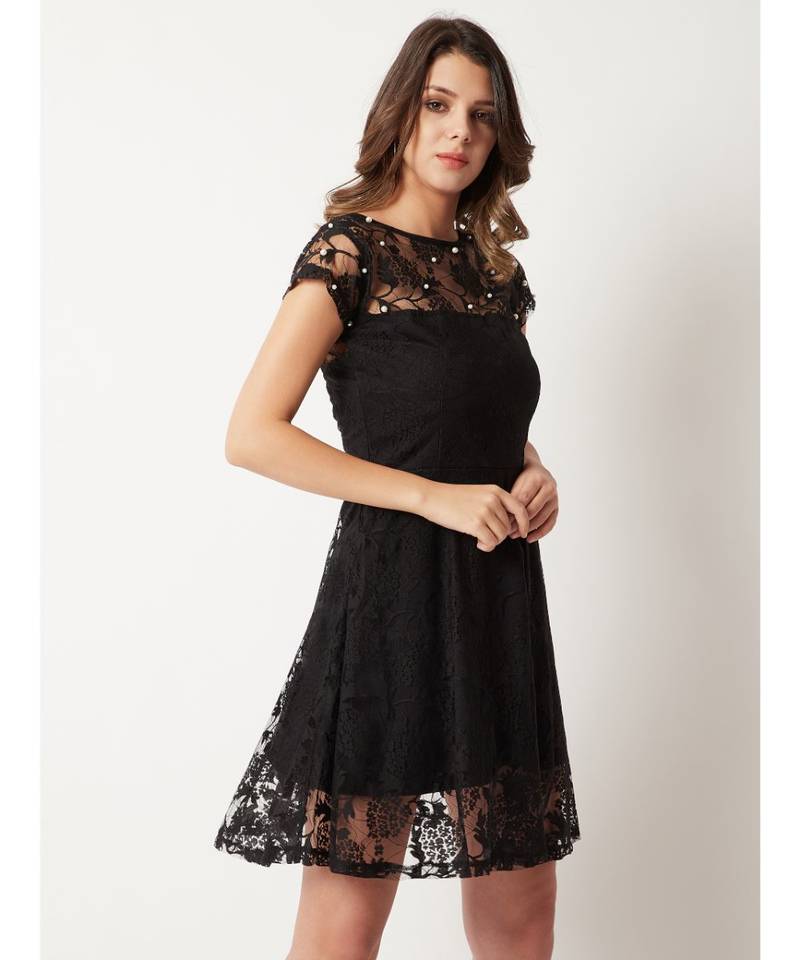 Women's Black Round Neck Cap Sleeve Lace Solid Embellished Mini Skater Dress