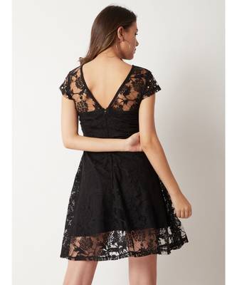 Women's Black Round Neck Cap Sleeve Lace Solid Embellished Mini Skater Dress 4