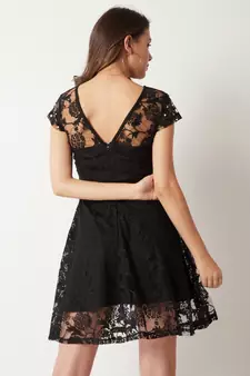 Women's Black Round Neck Cap Sleeve Lace Solid Embellished Mini Skater Dress