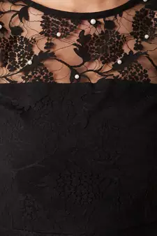 Women's Black Round Neck Cap Sleeve Lace Solid Embellished Mini Skater Dress