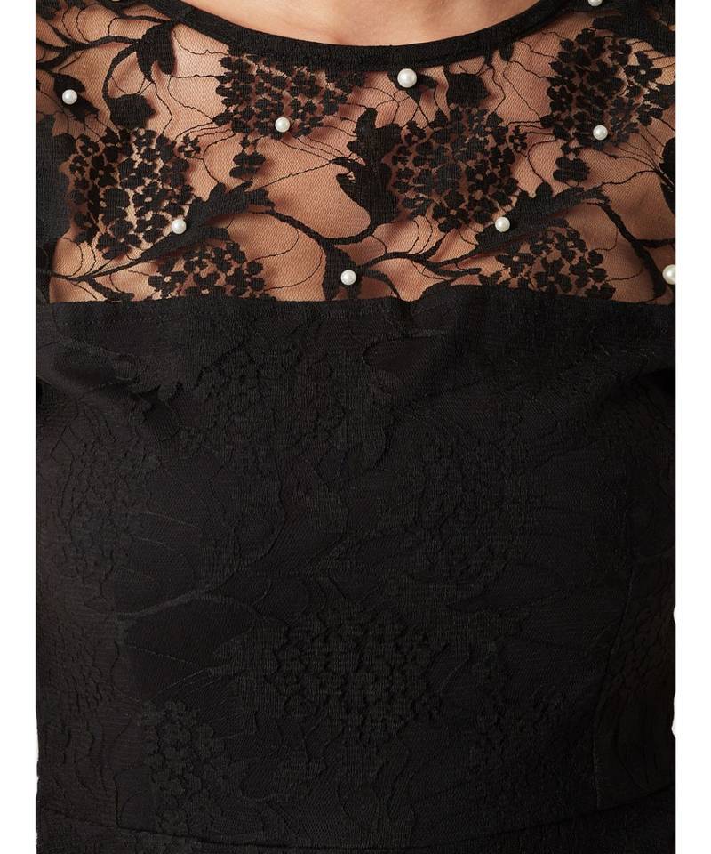 Women's Black Round Neck Cap Sleeve Lace Solid Embellished Mini Skater Dress