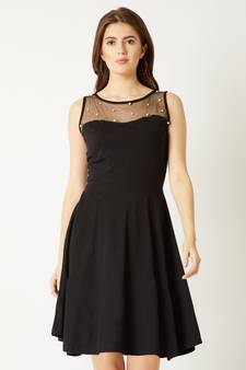 Women's Black Round Neck Sleeveless Cotton Solid Sheer And Pearl Detailing Mini Skater Dress