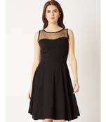Women's Black Round Neck Sleeveless Cotton Solid Sheer And Pearl Detailing Mini Skater Dress