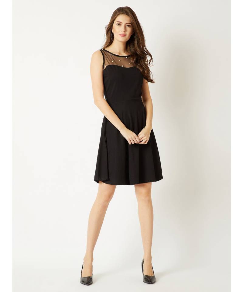 Women's Black Round Neck Sleeveless Cotton Solid Sheer And Pearl Detailing Mini Skater Dress