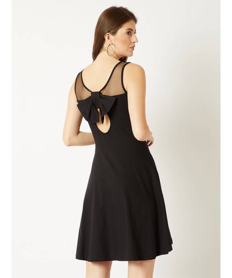 Women's Black Round Neck Sleeveless Cotton Solid Sheer And Pearl Detailing Mini Skater Dress