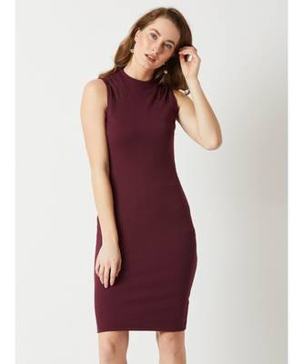 Women's Wine Red High Round Neck Sleeveless Solid Semi Sheer Detailing Paneled Bodycon Knee-Long Dress 1