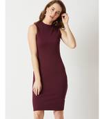 Women's Wine Red High Round Neck Sleeveless Solid Semi Sheer Detailing Paneled Bodycon Knee-Long Dress