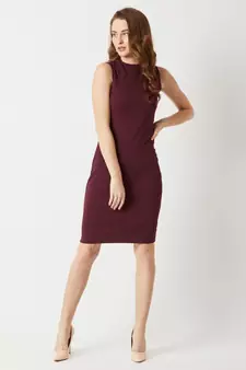 Women's Wine Red High Round Neck Sleeveless Solid Semi Sheer Detailing Paneled Bodycon Knee-Long Dress