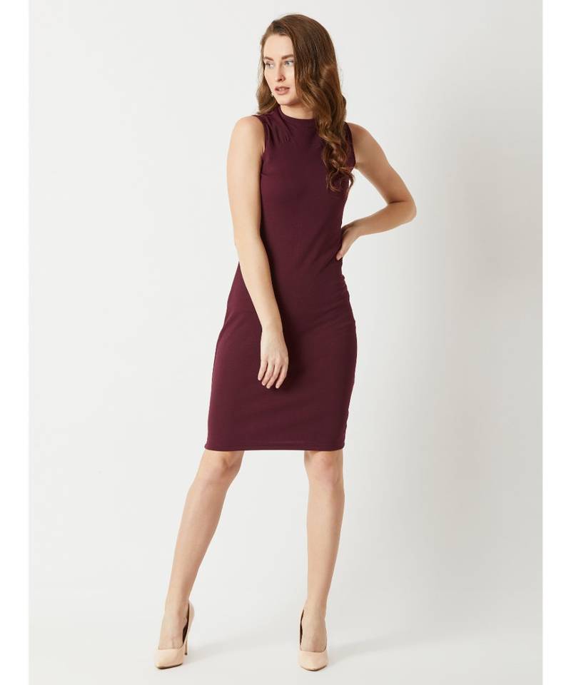 Women's Wine Red High Round Neck Sleeveless Solid Semi Sheer Detailing Paneled Bodycon Knee-Long Dress