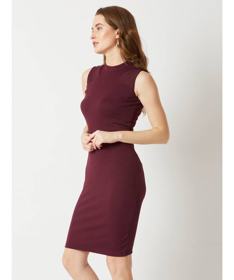 Women's Wine Red High Round Neck Sleeveless Solid Semi Sheer Detailing Paneled Bodycon Knee-Long Dress