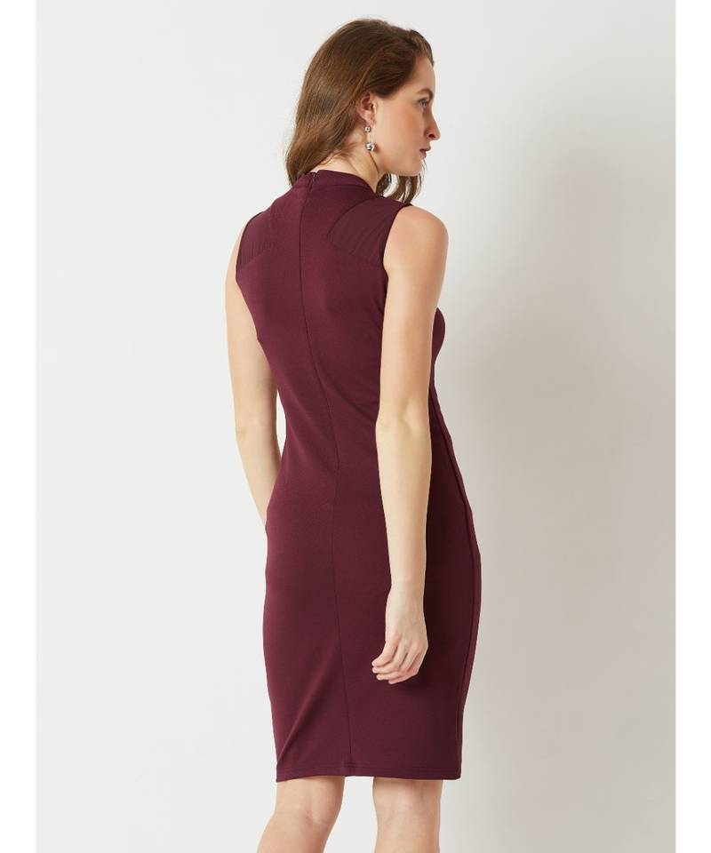 Women's Wine Red High Round Neck Sleeveless Solid Semi Sheer Detailing Paneled Bodycon Knee-Long Dress