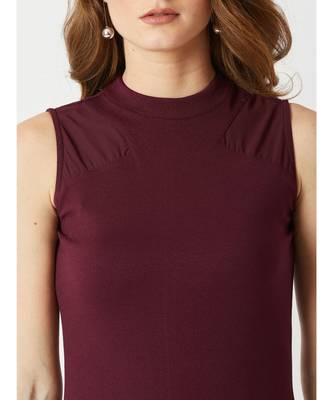 Women's Wine Red High Round Neck Sleeveless Solid Semi Sheer Detailing Paneled Bodycon Knee-Long Dress 5