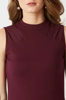 Women's Wine Red High Round Neck Sleeveless Solid Semi Sheer Detailing Paneled Bodycon Knee-Long Dress