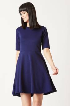 Women's Navy Blue Round Neck Elbow Sleeves Back Cut Out Solid Skater Button Detailing Knee-Long Dress