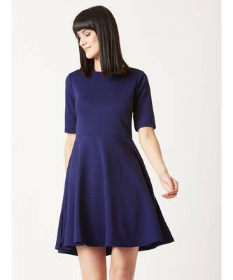 Women's Navy Blue Round Neck Elbow Sleeves Back Cut Out Solid Skater Button Detailing Knee-Long Dress 1