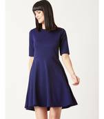 Women's Navy Blue Round Neck Elbow Sleeves Back Cut Out Solid Skater Button Detailing Knee-Long Dress