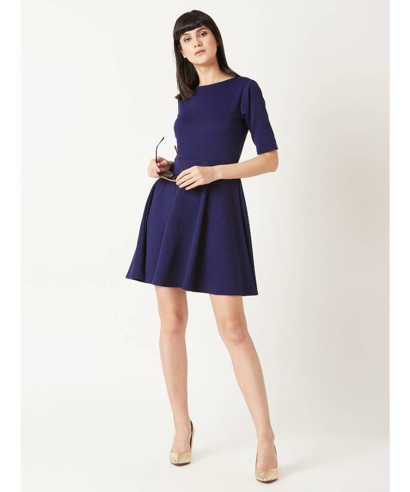 Women's Navy Blue Round Neck Elbow Sleeves Back Cut Out Solid Skater Button Detailing Knee-Long Dress