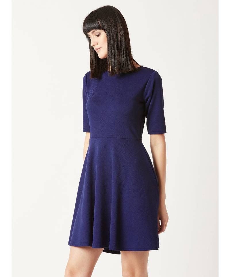 Women's Navy Blue Round Neck Elbow Sleeves Back Cut Out Solid Skater Button Detailing Knee-Long Dress