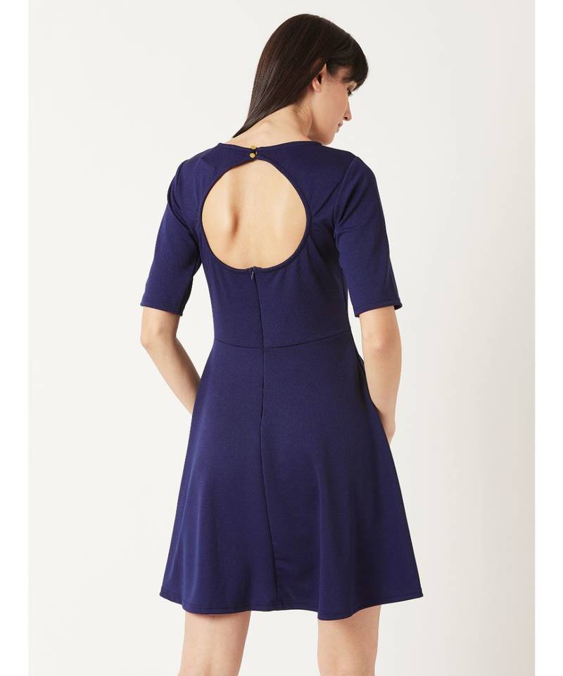 Women's Navy Blue Round Neck Elbow Sleeves Back Cut Out Solid Skater Button Detailing Knee-Long Dress