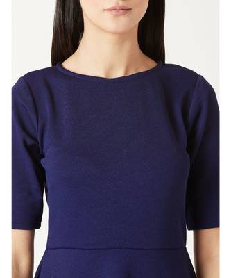 Women's Navy Blue Round Neck Elbow Sleeves Back Cut Out Solid Skater Button Detailing Knee-Long Dress 5