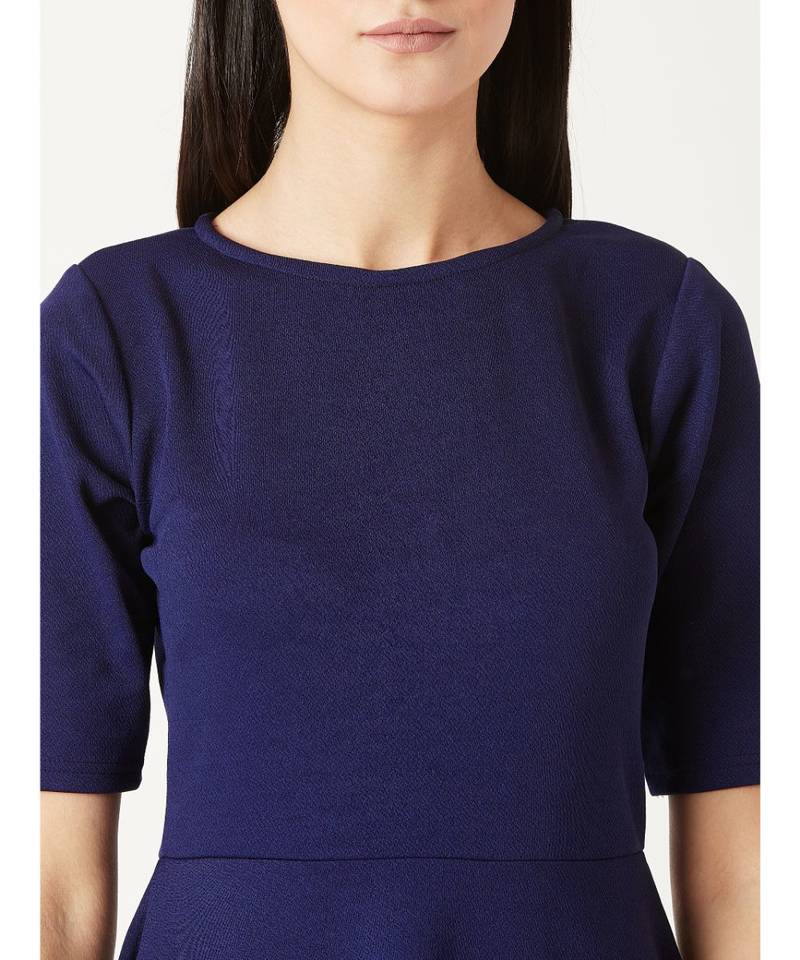 Women's Navy Blue Round Neck Elbow Sleeves Back Cut Out Solid Skater Button Detailing Knee-Long Dress