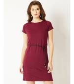 Women's Maroon Round Neck Short Sleeve Cotton Solid Mini Belted Shift T-Shirt Dress