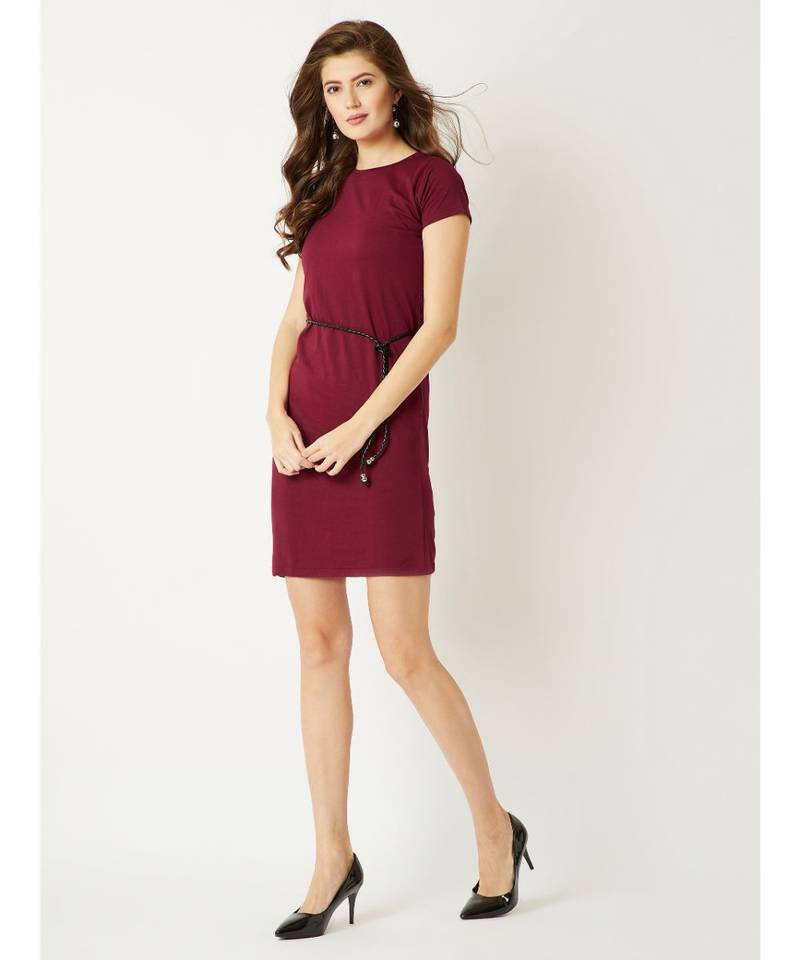 Women's Maroon Round Neck Short Sleeve Cotton Solid Mini Belted Shift T-Shirt Dress