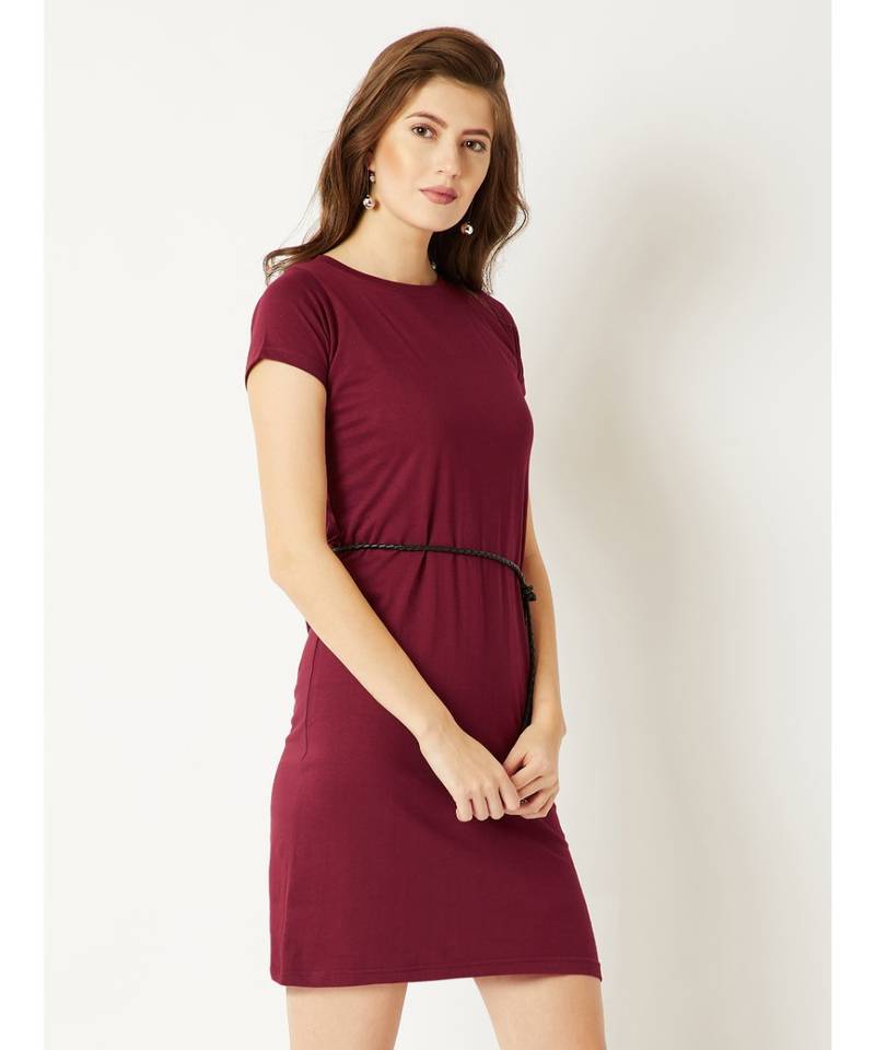 Women's Maroon Round Neck Short Sleeve Cotton Solid Mini Belted Shift T-Shirt Dress