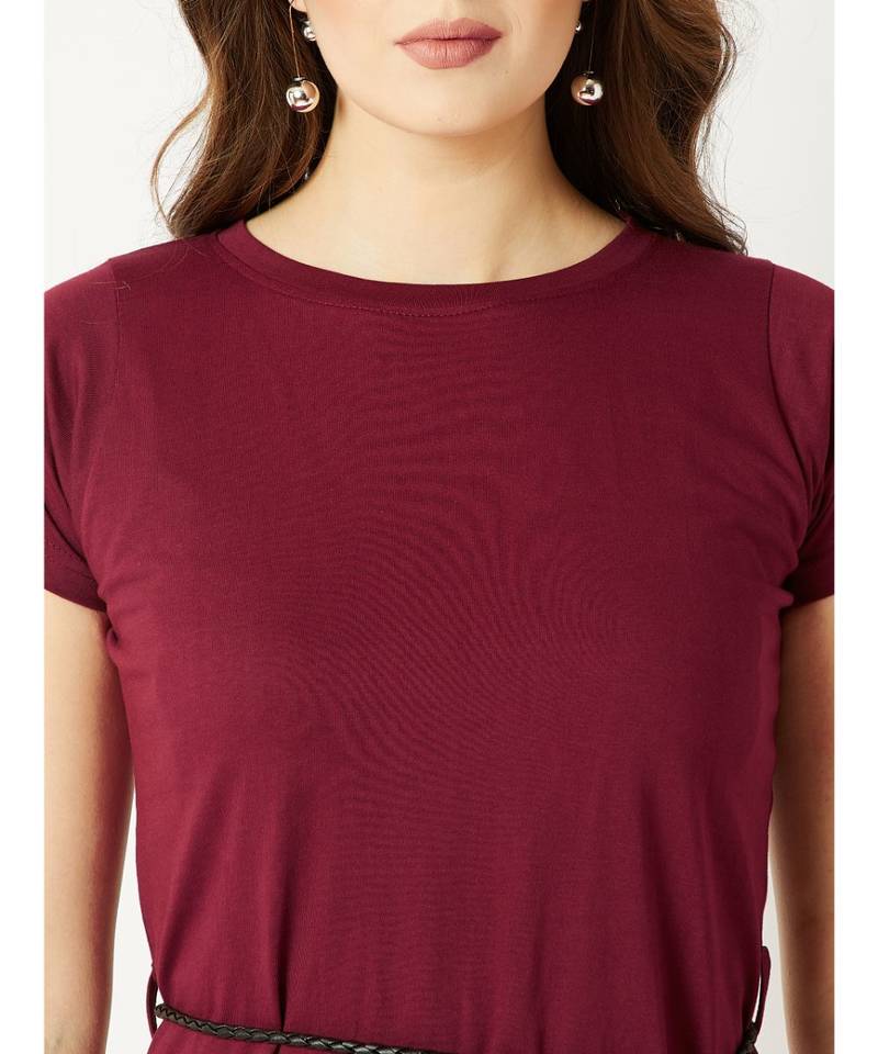 Women's Maroon Round Neck Short Sleeve Cotton Solid Mini Belted Shift T-Shirt Dress
