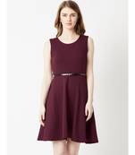 Women's Wine Red Round Neck Sleeveless Solid Knitted Belted Knee-Long Skater Dress