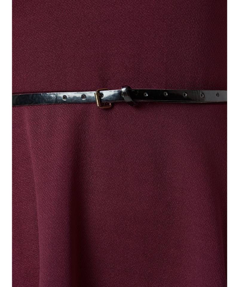 Women's Wine Red Round Neck Sleeveless Solid Knitted Belted Knee-Long Skater Dress