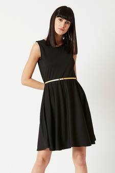 Women's Black Round Neck Sleeveless Solid Knitted Belted Knee-Long Skater Dress