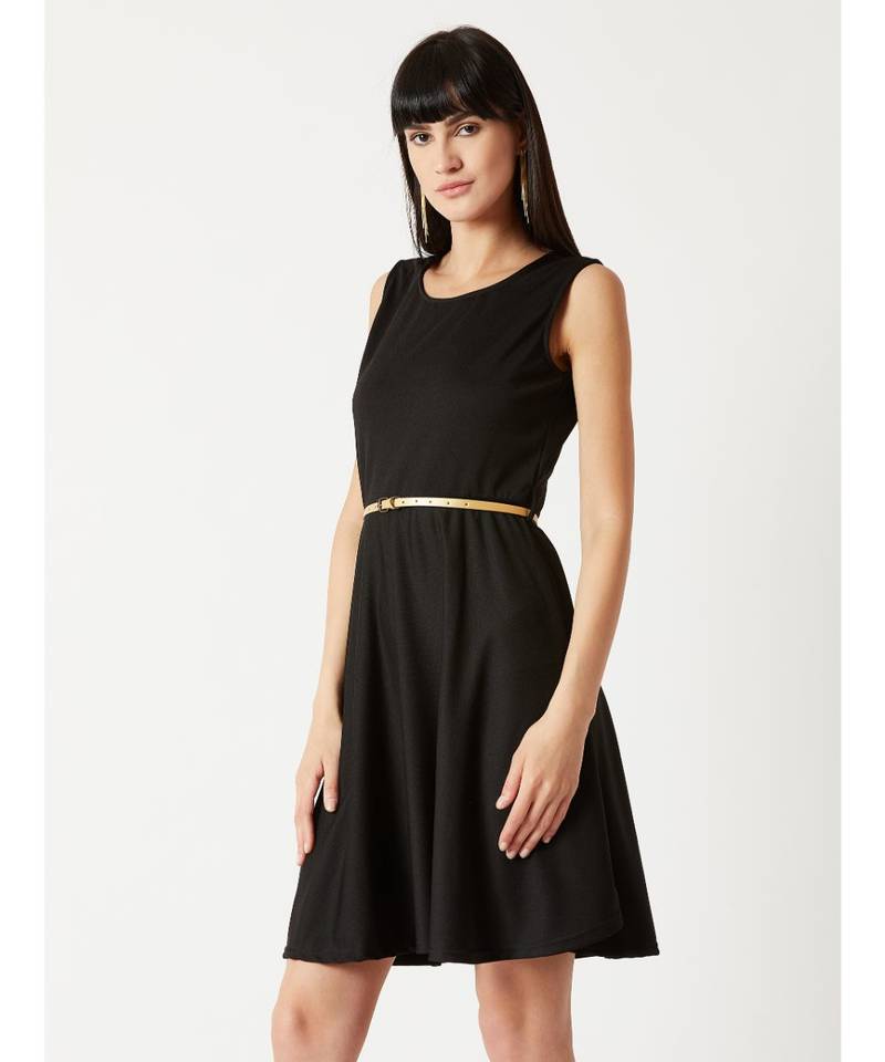 Women's Black Round Neck Sleeveless Solid Knitted Belted Knee-Long Skater Dress