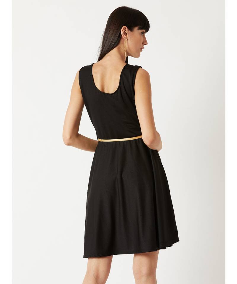 Women's Black Round Neck Sleeveless Solid Knitted Belted Knee-Long Skater Dress