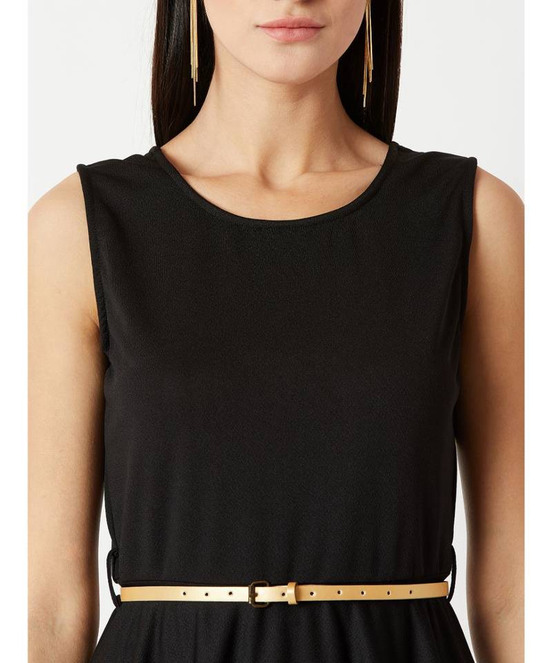 Women's Black Round Neck Sleeveless Solid Knitted Belted Knee-Long Skater Dress