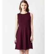Women's Wine Red Round Neck Sleeveless Solid Back Cut-Out Knitted Knee-Long Skater Dress