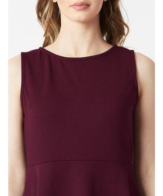 Women's Wine Red Round Neck Sleeveless Solid Back Cut-Out Knitted Knee-Long Skater Dress 5