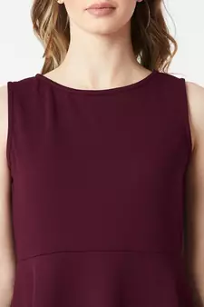 Women's Wine Red Round Neck Sleeveless Solid Back Cut-Out Knitted Knee-Long Skater Dress